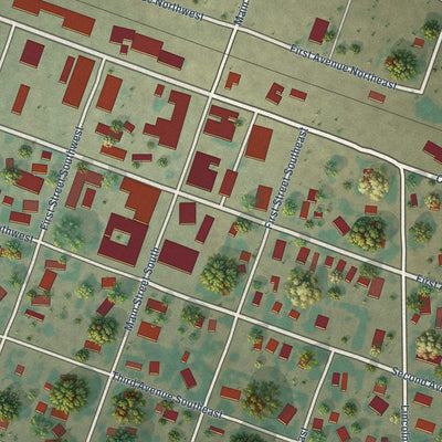 Close-up of the map of Harlem, Montana print showing street and building detail