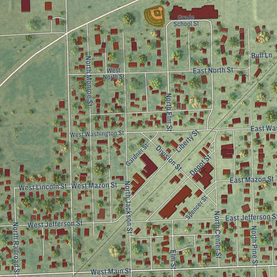 Close-up of the map of Gardner, Illinois print showing street and building detail