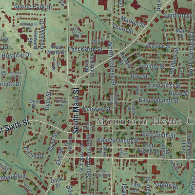 Close-up of the map of Mountain Home, Arkansas print showing street and building detail