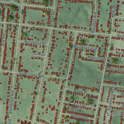 Close-up of the map of St. John, Missouri print showing street and building detail