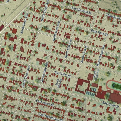 Close-up of the map of Bishop, Texas print showing street and building detail