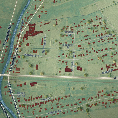 Close-up of the map of Livonia, Louisiana print showing street and building detail