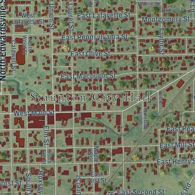 Close-up of the map of Staunton, Illinois print showing street and building detail