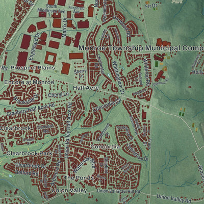 Close-up of the map of Monroe, Middlesex County, New Jersey print showing street and building detail