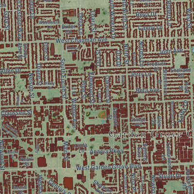 Close-up of the map of Garden Grove, California print showing street and building detail