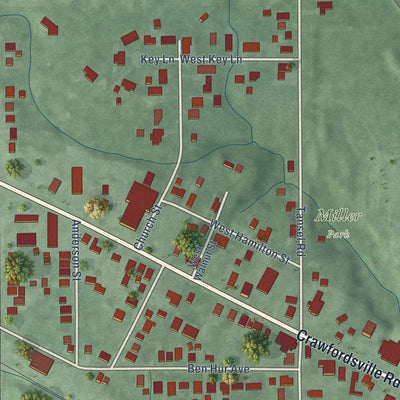 Close-up of the map of Clermont, Indiana print showing street and building detail