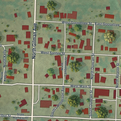 Close-up of the map of Wheaton, Missouri print showing street and building detail