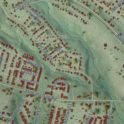 Close-up of the map of Crozet, Virginia print showing street and building detail