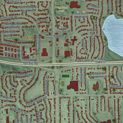 Close-up of the map of New Brighton, Minnesota print showing street and building detail