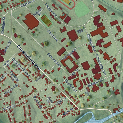 Close-up of the map of Ettrick, Virginia print showing street and building detail
