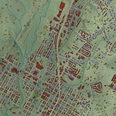 Close-up of the map of Marble Falls, Texas print showing street and building detail