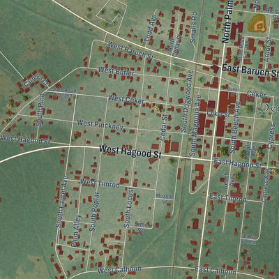Close-up of the map of Denmark, South Carolina print showing street and building detail