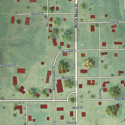Close-up of the map of Hettick, Illinois print showing street and building detail