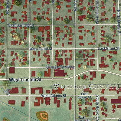 Close-up of the map of Waterman, Illinois print showing street and building detail