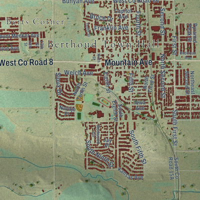 Close-up of the map of Berthoud, Colorado print showing street and building detail