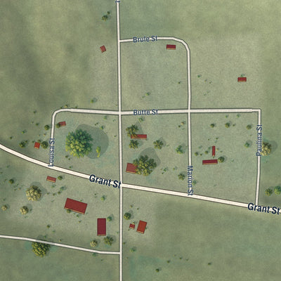 Close-up of the map of Monowi, Nebraska print showing street and building detail