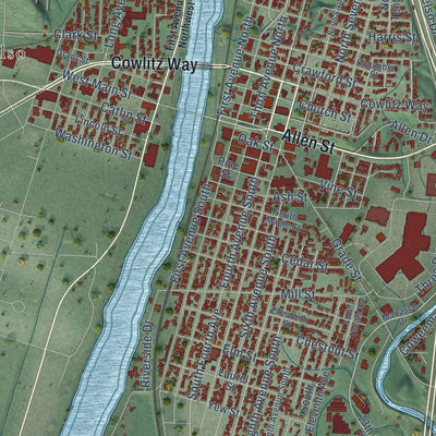 Close-up of the map of Kelso, Washington print showing street and building detail