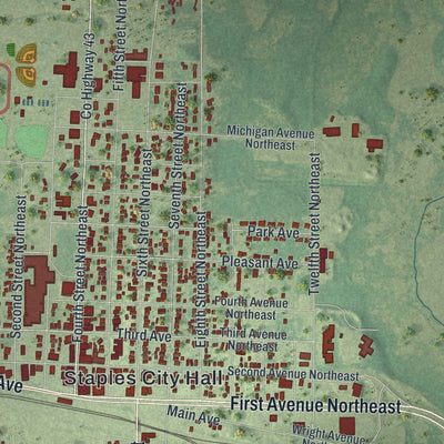 Close-up of the map of Staples, Minnesota print showing street and building detail