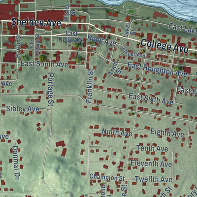 Close-up of the map of Houghton, Houghton County, Michigan print showing street and building detail