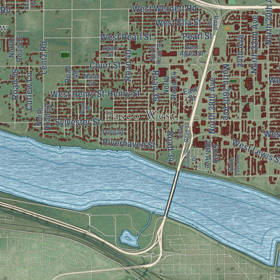 Close-up of the map of Pasco, Washington print showing street and building detail