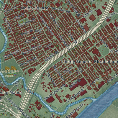Close-up of the map of Elizabeth, New Jersey print showing street and building detail