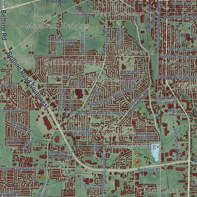 Close-up of the map of Decatur, Alabama print showing street and building detail