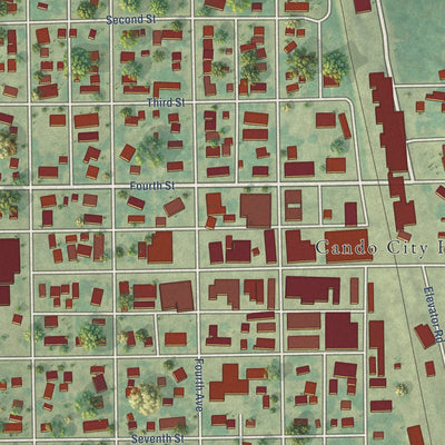 Close-up of the map of Cando, North Dakota print showing street and building detail