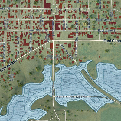 Close-up of the map of Farmer City, Illinois print showing street and building detail