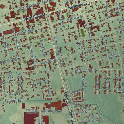 Close-up of the map of Ponchatoula, Louisiana print showing street and building detail