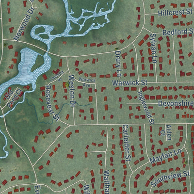 Close-up of the map of Beverly Hills, Michigan print showing street and building detail