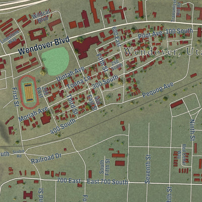 Close-up of the map of Wendover, Utah print showing street and building detail