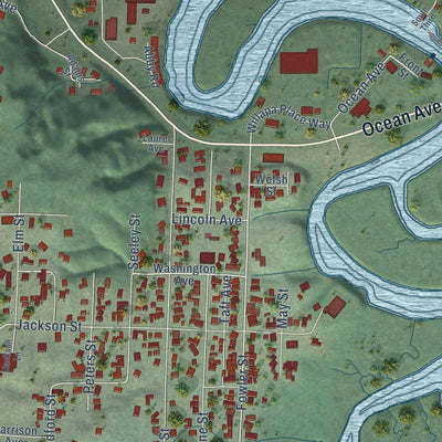 Close-up of the map of Raymond, Washington print showing street and building detail