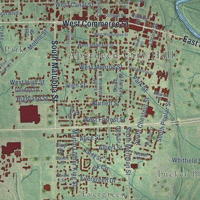 Close-up of the map of Aberdeen, Mississippi print showing street and building detail
