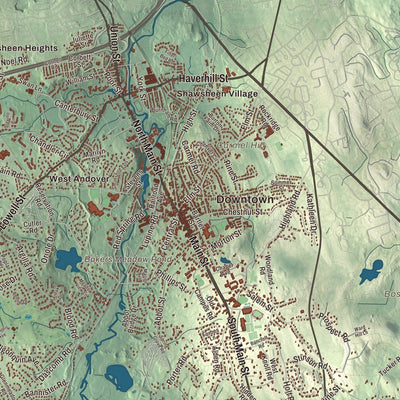 Close-up of the map of Andover, Massachusetts print showing streets and neighborhoods