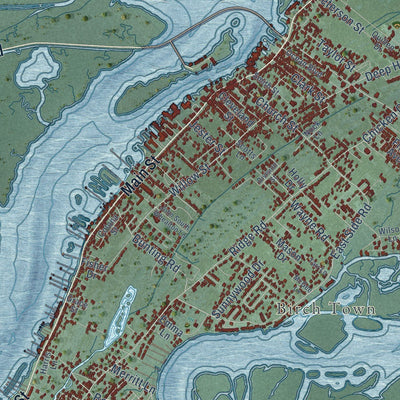 Close-up of the map of Chincoteague, Virginia print showing street and building detail
