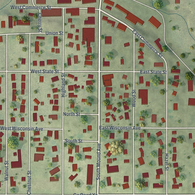 Close-up of the map of Belmont, Wisconsin print showing street and building detail