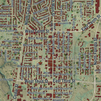 Close-up of the map of Borger, Texas print showing street and building detail