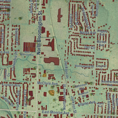 Close-up of the map of Lowell, Arkansas print showing street and building detail