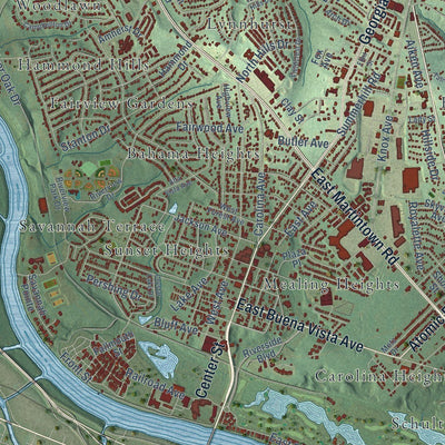 Close-up of the map of North Augusta, South Carolina print showing street and building detail