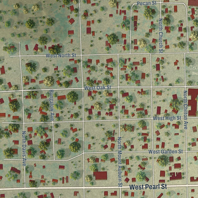 Close-up of the map of Goliad, Texas print showing street and building detail