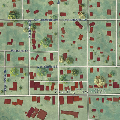 Close-up of the map of Zearing, Iowa print showing street and building detail
