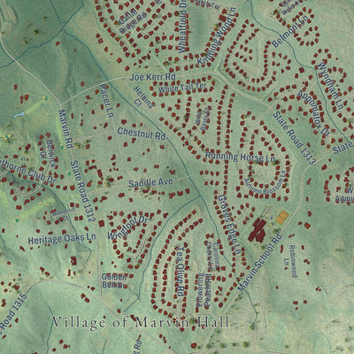 Close-up of the map of Marvin, North Carolina print showing street and building detail