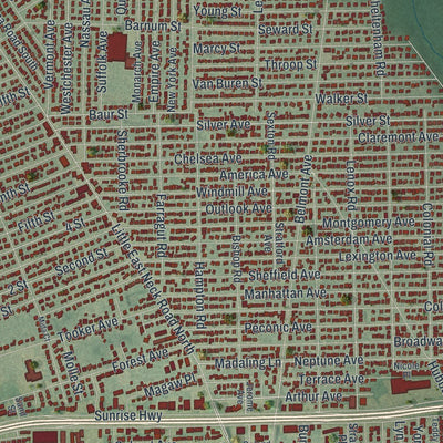 Close-up of the map of West Babylon, New York print showing street and building detail