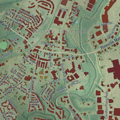 Close-up of the map of Pineville, North Carolina print showing street and building detail