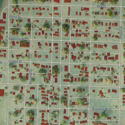 Close-up of the map of Crawford, Nebraska print showing street and building detail