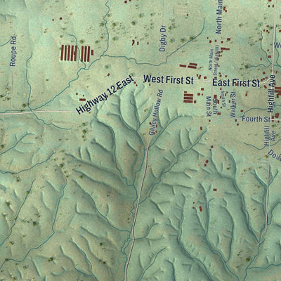 Close-up of the map of Highfill, Arkansas print showing street and building detail
