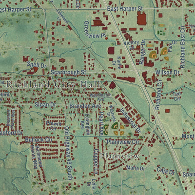 Close-up of the map of Richland, Mississippi print showing street and building detail