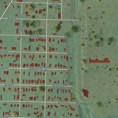 Close-up of the map of Mountain Pine, Arkansas print showing street and building detail