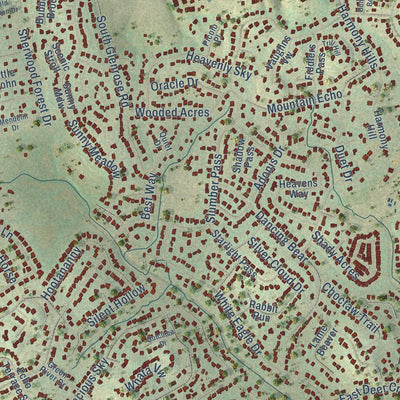 Close-up of the map of Timberwood Park, Texas print showing street and building detail