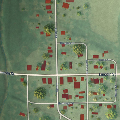 Close-up of the map of Riverton, Nebraska print showing street and building detail